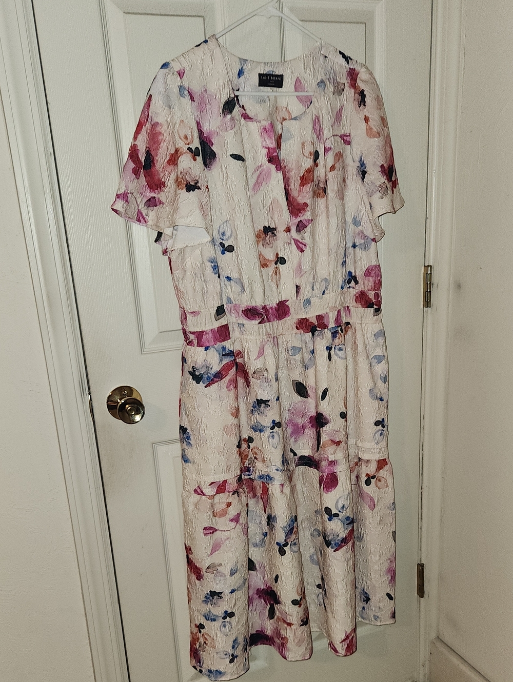 Floral Lace Midi Dress in Cream with Pink & Blue Accents